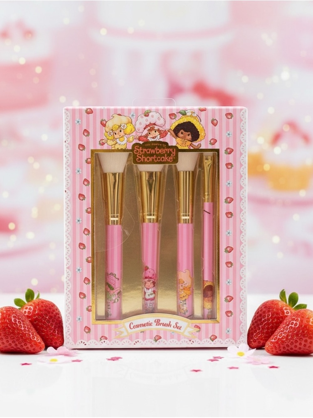 Strawberry Shortcake Cosmetic Brush Set 4PC Pink Gold Makeup Brushes New